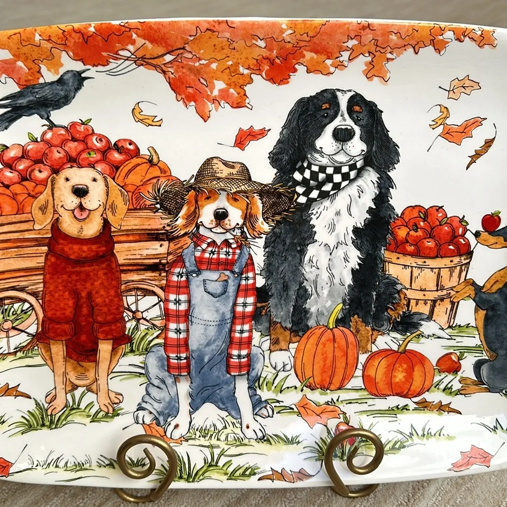 Certified International Sherri Buck Baldwin Autum Fall Dog Serving Platter Plate